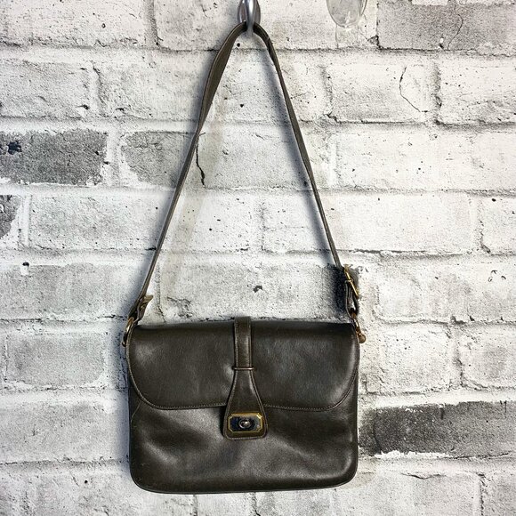 Vintage Chic de Paris Grey Green Leather Shoulder Bag Handbag Purse - Picture 1 of 16
